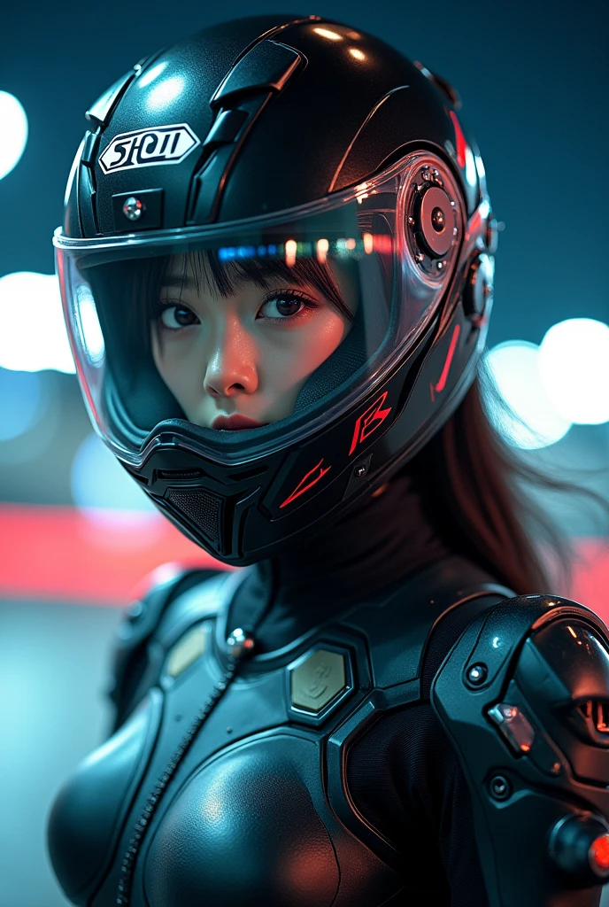 very beautiful with cute Japanese high school girl but amateur motorcycle racer, about to Ride on a racing motorcycle, at the cyber punk circuit at night, dramatic scene, masterpiece, (face focus:1.3), clear helmet visor, beautiful eyes, Kawasaki ZX-10R racing motorcycle, Shoei helmet, (wearing a intricated with complex layered cyber punk mecha armored racing suits with many neon markers), electro mechanical suits, dynamic angle, acrobatic pose