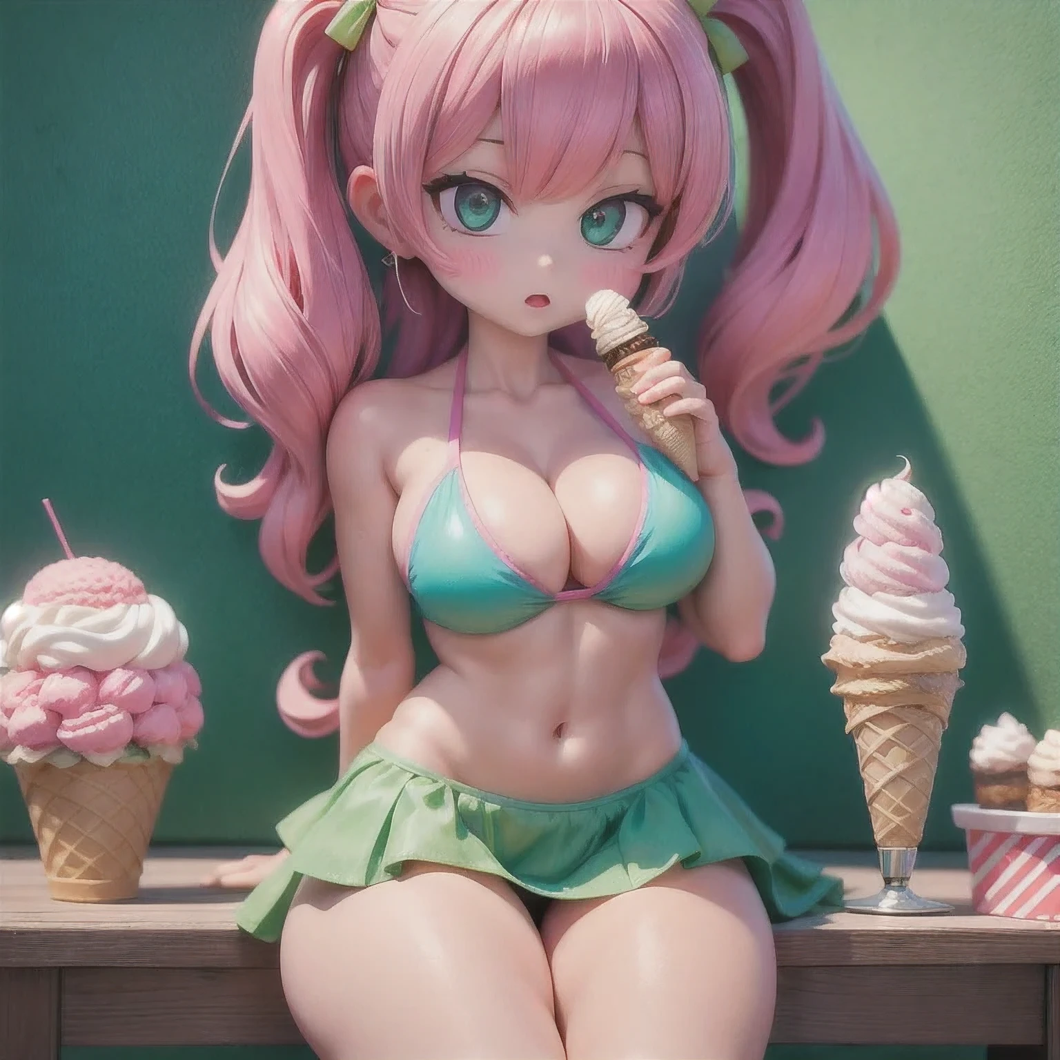 girl in a bikini eating an ice cream cone, eating ice cream, in a bikini, angela white, giorgia meloni, katy perry, in bikini, eating ice - cream, wearing spandex bikini, ice cream on the side, bikini, ice cream, wearing a bikini, candid photo of dirty, shiny plastic bikini, candid shot, cone, 1 girl, solo，in a green dress standing by a wall,portrait of female idol