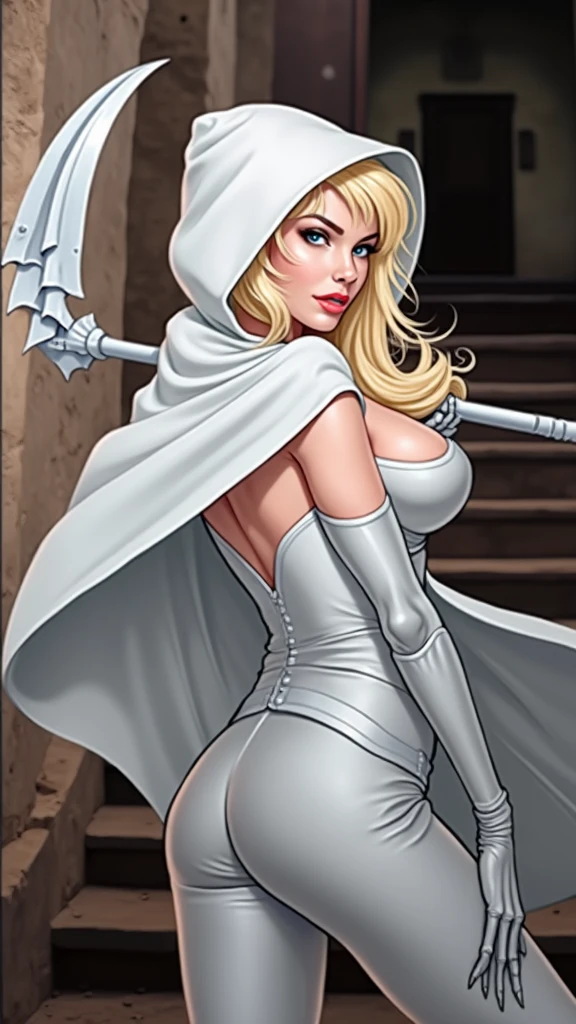 a cartoon of a woman in a white outfit with a Skeleteen La guadaña, zenescope, emma frost, female moon knight, portrait of emma frost, art of silverfox, beautiful comic art, artgerm comic, high detail comic book art, chris moore. artgerm, comic digital art, as seen on artgerm, artgerm style, high quality, (RAW photo, best quality), (realistic, photorealistic: 1.4), (extremely delicate and beautiful: 1.4), amazing, fine details, masterpiece, ultra detailed, high resolution, best illustration, best shadow, intricate, ( extremely intricate: 1.2), (exquisitely detailed skin), cinematic light, perfect anatomy, (cool color: 1.4), sharp focus, 8k UHD, DSLR, (Fujifilm XT3),,(Fondo de ruinas de mazmorra en ruinas piedras grandes caverna cueva :1.4 ), (Chaotica: Spellbound:1.4), ( pose americano :1.4), (pose medio cuerpo :1.4), (mostrando su hermoso culo :1.4), (tiene un hermoso culo :1.4), (rear view, backside view),(Chaotica: Spellbound:V2.1)