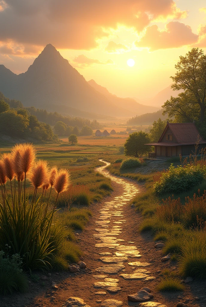 Environment:
- Rustic, winding path (stones and soil) facing south
- Small building (southeast)
- Majestic building (south)
- Well-defined east-west path
- Wet marshy area (west) with wild plants
- Prominent unidentified grass/plant (foreground)
Lighting:
- Warm, golden light from the south (setting sun)
Mood:
- Peaceful
- Exploratory
- Sense of discovery
