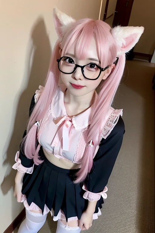 ,((Pink Hair))、((Pink Hair))、((Twin tails))、((Small fox ears))、((Highest quality、8k、masterpiece))、((Landmine Girl))Highest quality,(Highest quality,4K,High resolution:1.2), Very detailed, Realistic portraits, Highest quality
(Outside of a Japanese high school),
(Passionate scene),A high school girl who looks very young
(Intense emotions), (carp), (kiss:1.1),
, (Please open your eyes),(Innocent look), ((Pink typography with ribbons and lace))、long black hair with a big ribbon、Mini Pleated Skirt、stockings, ((big round black glasses)), Are standing, Open your mouth, Big Breasts, lingerie, Braid, ((Narrow waist, I can see your abs)), Have fun, A large ribbon in the hair, , Big brown eyes, Big cute smile, Cropped shirt, lingerie, whole body, (Evocative look), ((whole body)), ((Small body)), (Girl looking up at camera)