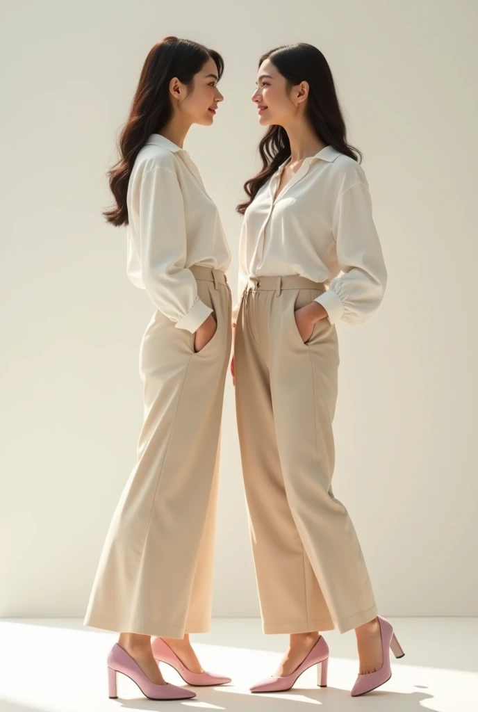 2 woman dressed in light greyish beige dress pants with a little bit of baggy hem, with a white long-sleeved shirt tucked into his pants, with some pastel pink wide heels, loose straight hair.