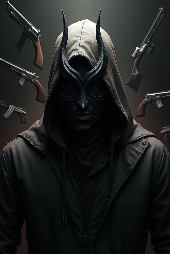 A man image with half body with mask and dangerous black background and shine. And background with guns