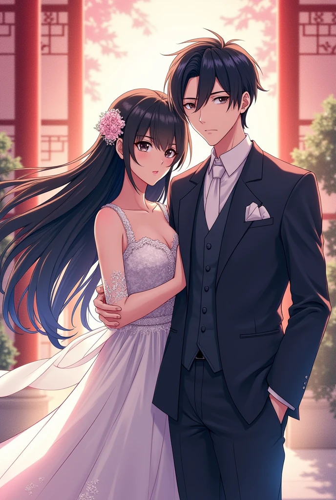 1 Japanese woman,,long black hair,bridal dress,1 Japanese man,Age 23,Short black and blue hair,Groom&#39;s suit,behind,The wedding ceremony is written by Ringo Kudo. & Souka,Cool anime