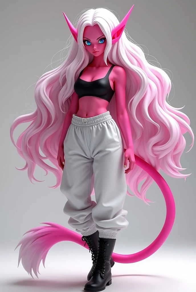 (photorealism:1.2), beautiful woman,
Dragon Ball Wiki
Advertisement
Dragon Ball Wiki
Android 21
Edit
Unmute
Advanced Settings
Fullscreen
Pause
Rewind 10 Seconds
In her true form, Android 21 keeps her curvy body, her skin turns pink, her hair becomes white with a pink tint, her ears become pointed, her eyes changing depending on if her evil half takes over, and she gains a tail. Her attire changes to a black tube top, keeping the black arm sleeves with gold bracelets at the ends, her boots become black, and also gaining white baggy pants. It's noted that she most resembles a Majin in this form. Her eyes slightly vary depending on which moral alignment she represents. In her good representation, she retains the eyes from her human form. In her evil representation, her eyes instead are more similar overall to that of a Majin.
Her appearance in her true form is the result of her having all of the traits of the Z Fighters, Frieza, Cell and Majin Buu rolled into one.
Android 21 reveals in a private talk with the player that while she may have the appearance of an adult, she is actually less than ten years old, and regrets not having an adolescence, finding it awkward when small children call her "ma'am".