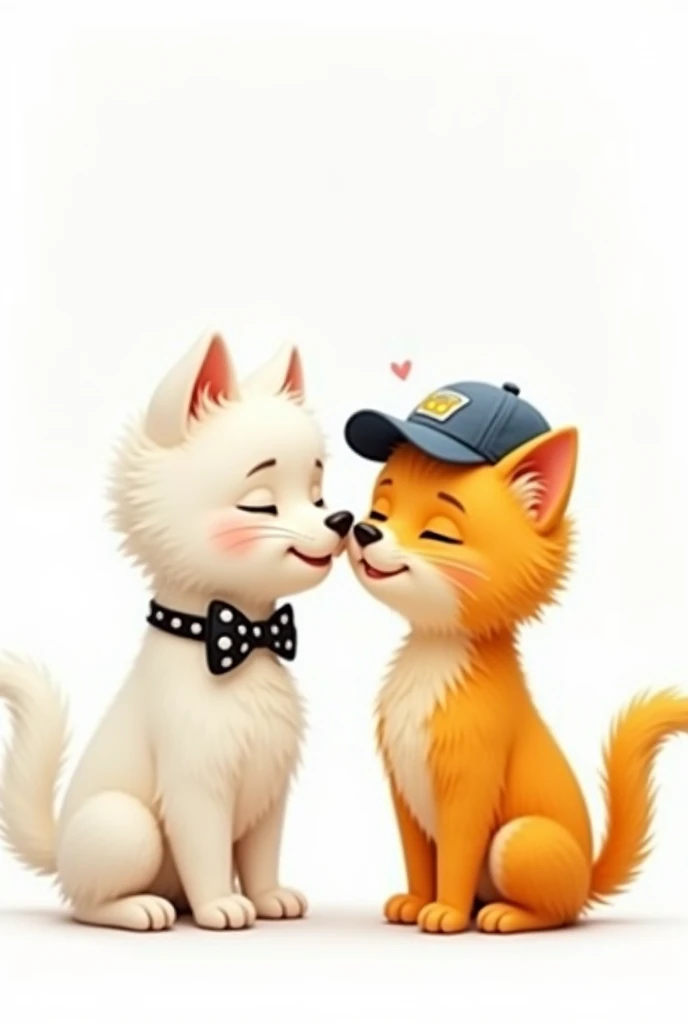 white dog and yellow cat love, white background, dog is female, cat is male. The dog wears a black and white polka dot bow tie, the cat wears a baseball cap.