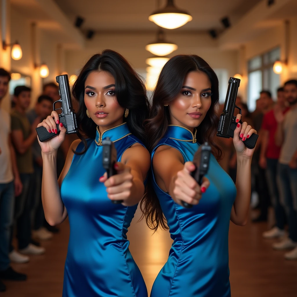 wide depth of field, wide depth of focus, f/11 lens setting, all objects in focus, full color image, 2 laughing Indian women standing back to back, posing with pistol held strait up by face, looking at camera ,large fraternity house game room, full body image, (blue satin cheong sam dresses), women posing with a pistol held up by face, one girl makes peace sign with hand, long flowing hair (one raven haired, one brunette) , confidant smile, pure form, intricate details, 8K post-production, high resolution, super detailed, Popular topics on Artstation,, Studio photos, intricate details, Very detailed, she stands in the middle of the room and she is surrounded by a large (all male) group of cheering young men wearing jeans and t-shirts who are all standing in the background