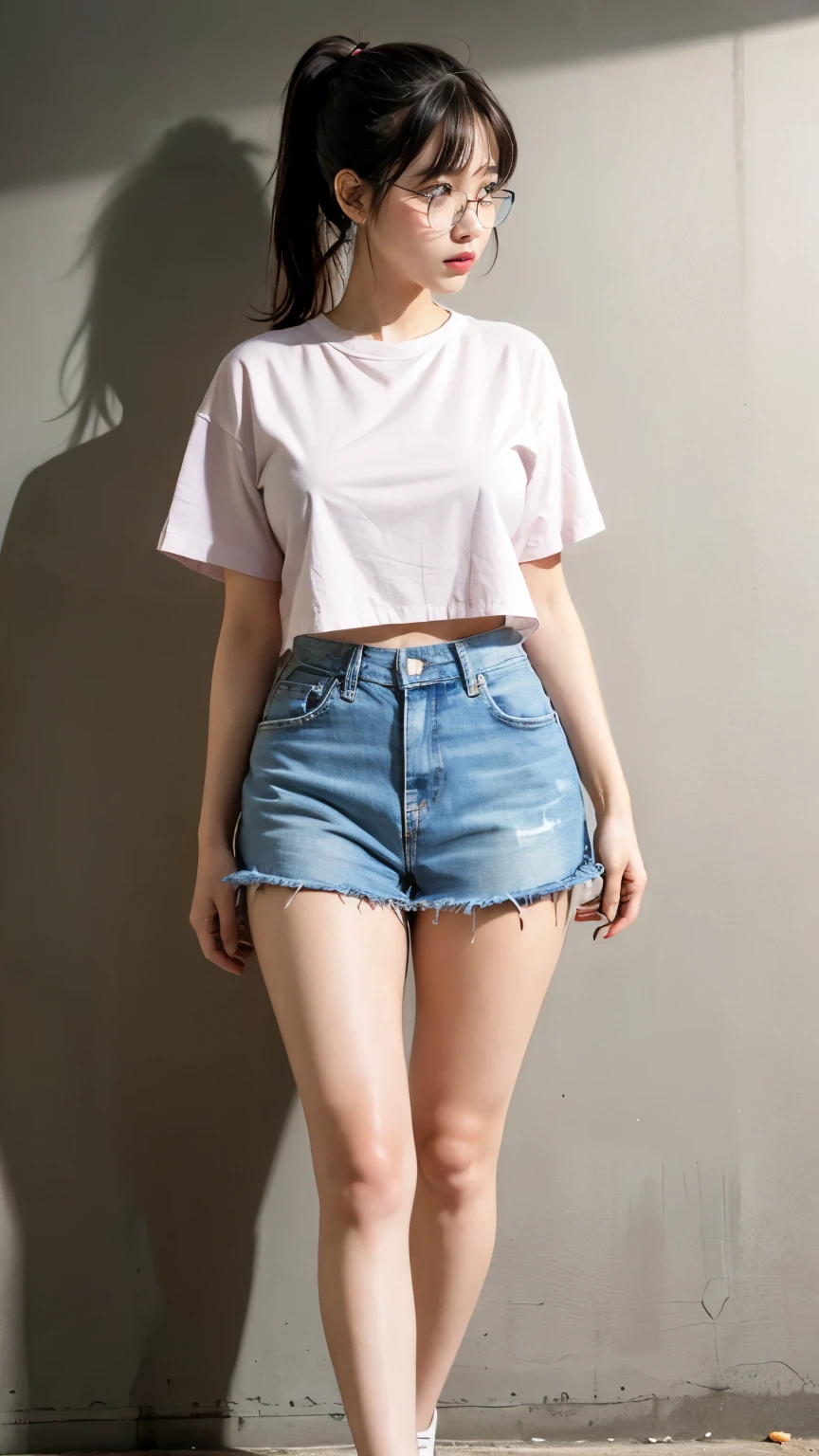 One girl, 1 busty woman, Glasses, Short Ponytail, bangs, Light pink blush, Are standing, Underground tunnels, White cropped t-shirt, Cleavage, big , Narrow waist, Denim mini skirt, thick_Thighs Thighs, feet, Perfect Fingers, feet spread