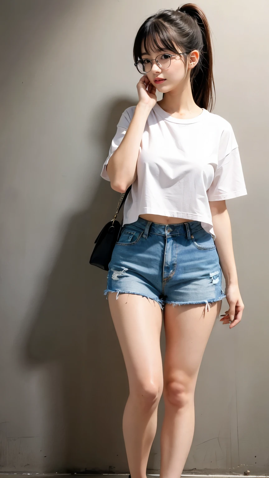 One girl, 1 busty woman, Glasses, Short Ponytail, bangs, Light pink blush, Are standing, Underground tunnels, White cropped t-shirt, Cleavage, big , Narrow waist, Denim mini skirt, thick_Thighs Thighs, feet, Perfect Fingers, feet spread