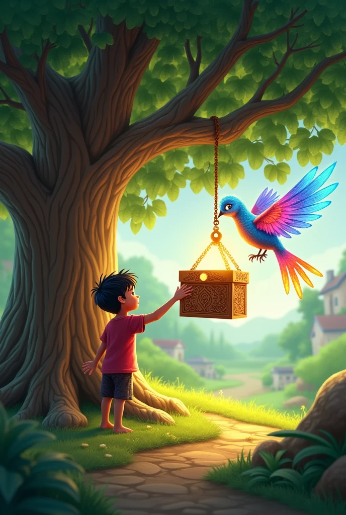 Prompt: A large, magical-looking tree with lush green leaves, slightly glowing as if enchanted. Hanging from one of its branches is a small, old wooden box with intricate carvings. Aryan, looking curious and amazed, is reaching out to open the box. The setting is serene, with the sun casting a soft golden light through the tree branches.A colorful, magical bird named Chirpy emerges from the opened box. The bird has vibrant rainbow-colored feathers, sparkling in the sunlight as if made of magic. Aryan watches with wide eyes, filled with excitement and wonder. The background shows the village in the distance, slightly blurred to focus on Aryan and the bird.