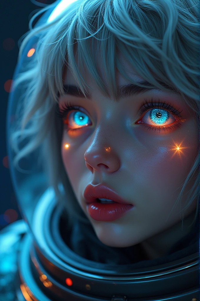 (Close-up of a better masterpiece:1.5)0.9], (Space and astronauts:1.2) (Messy silver hair:1.1) (Heterochromia xanthochromia and blue eyes:1.2) (Space Helmet:1.0) (Colored stars in the eyes:1.0) (A radiant glow:1.1) (thick lips:0.9)