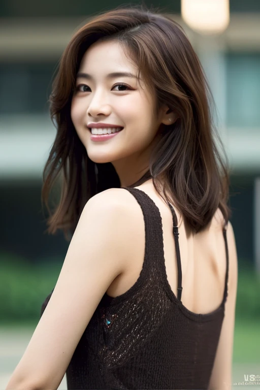 (Photorealistic: 1.8),
dark brown long hair, A-line haircut, 
korean famous actress, 
very beautiful,kawaii, Cinematic,
Very detailed clothes, 
tank top, beautiful ass, 
Smiling happily showing teeth，
As a fashion model,