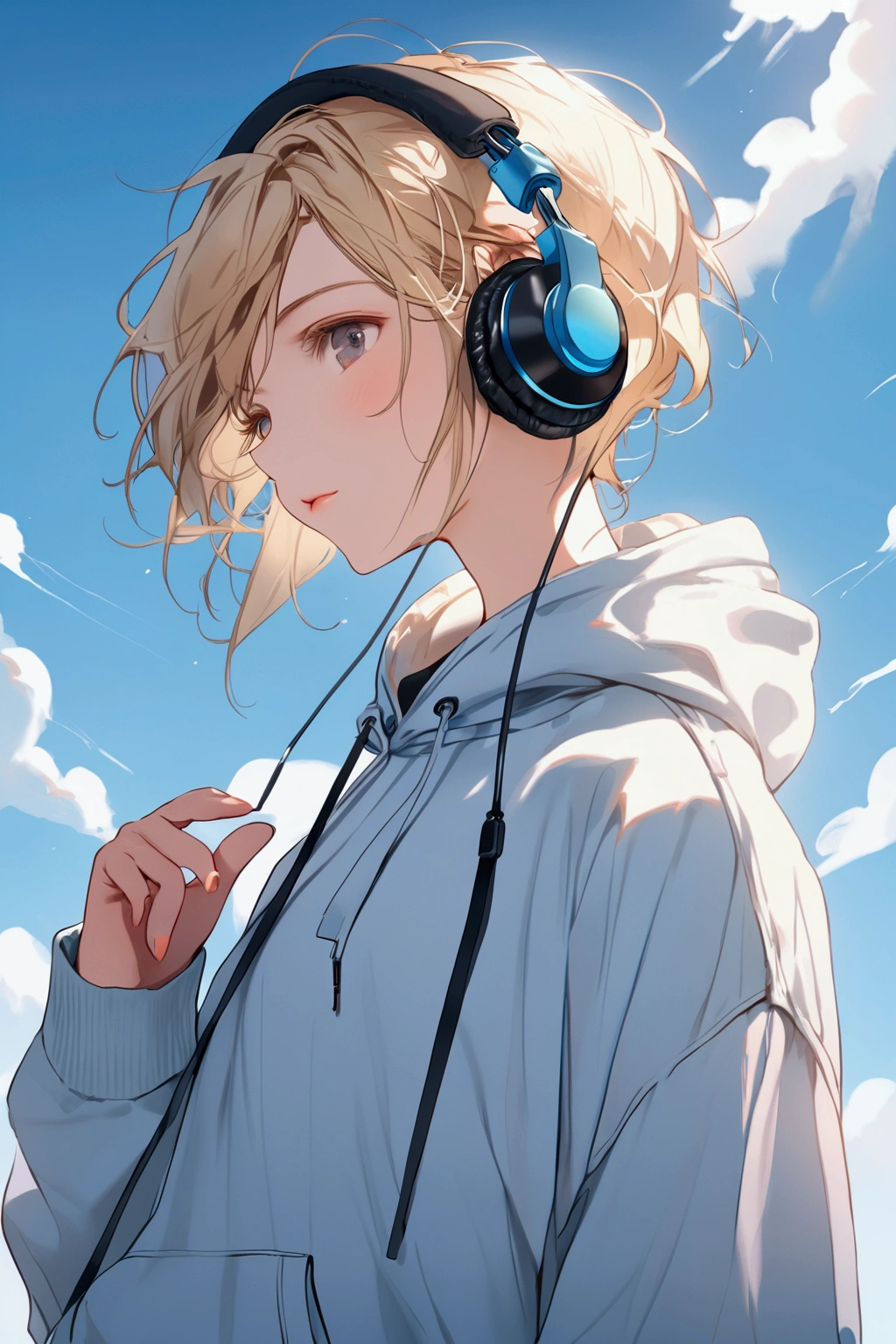 Boyish Girl,cute,casual,hoodie,headphone,Blonde short,blue sky,((Highest quality)),((masterpiece)),