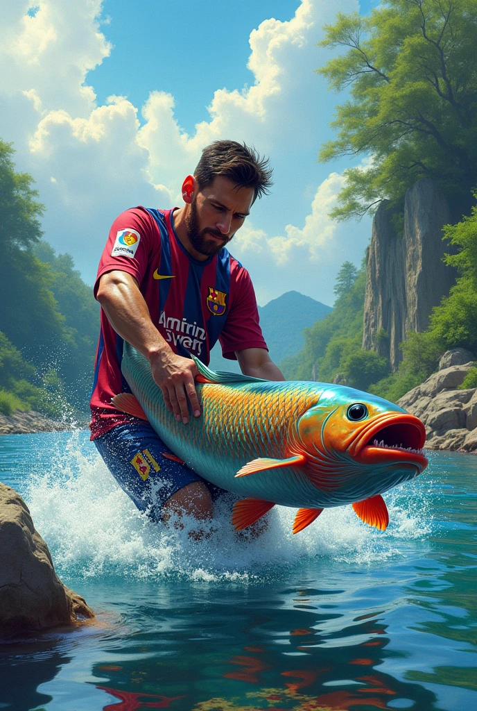 Messi is catching a big colourful catfish