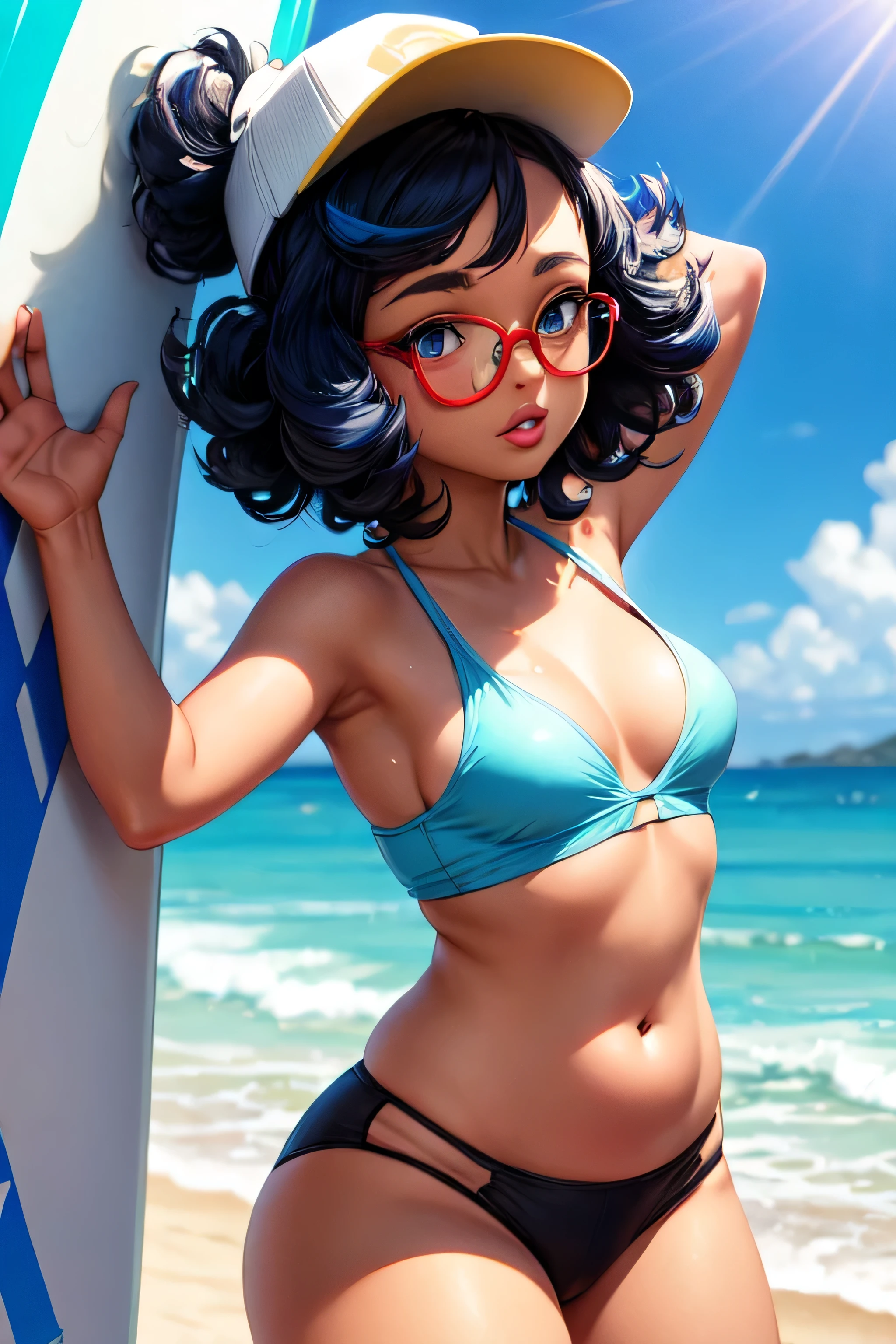 ((best quality)), ((masterpiece)), (detailed), (generates a good fat girl), pokemon trainer, small breast, blue eyes, blue hair, straight hairstyle, short hair, curly hair, inner black hair, dark skin, surfer, thick lips, perfect lips, navel, active pose, cleavage, rockstar cap, see-through glasses,