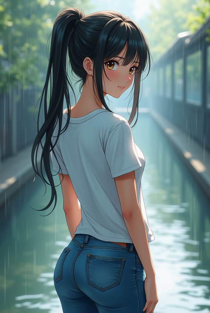 an anime-style girl with a pear-shaped body, wearing jeans and a white t-shirt. Her hair is tied up, and she's posing with her back to the viewer, looking over her shoulder. The scene is set in a wet condition, perhaps after a rain shower or near a body of water, adding a sense of moisture and shine to her hair and clothing. The lower camera angle emphasizes her figure and creates a sense of drama.