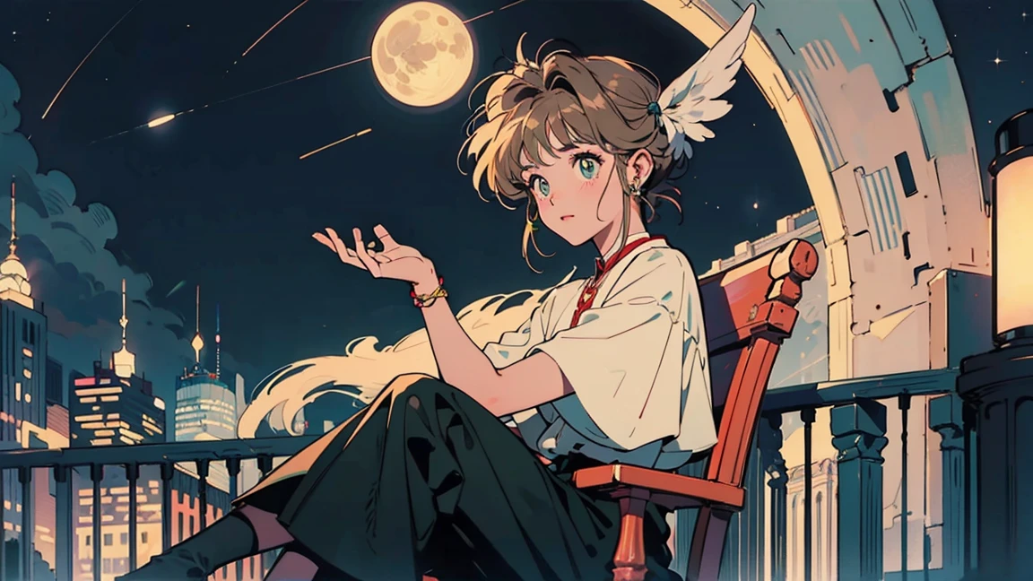 Card Captor Sakura。 Full moon and starry sky, Sitting in a chair , One person, A glittering cityscape in the foreground