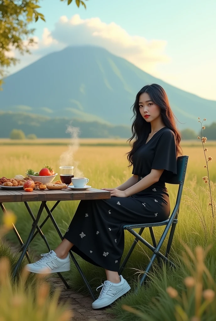 (photorealism:1.2), an asian woman with long hair, curvy body, wearing a plain black shirt, a long black skirt with a floral pattern, white newbalance shoes, sitting on a folding chair, a folding table full of food, and coffee in the background of a plain of wild grass, a dewy mountain, and a cloudy sky
