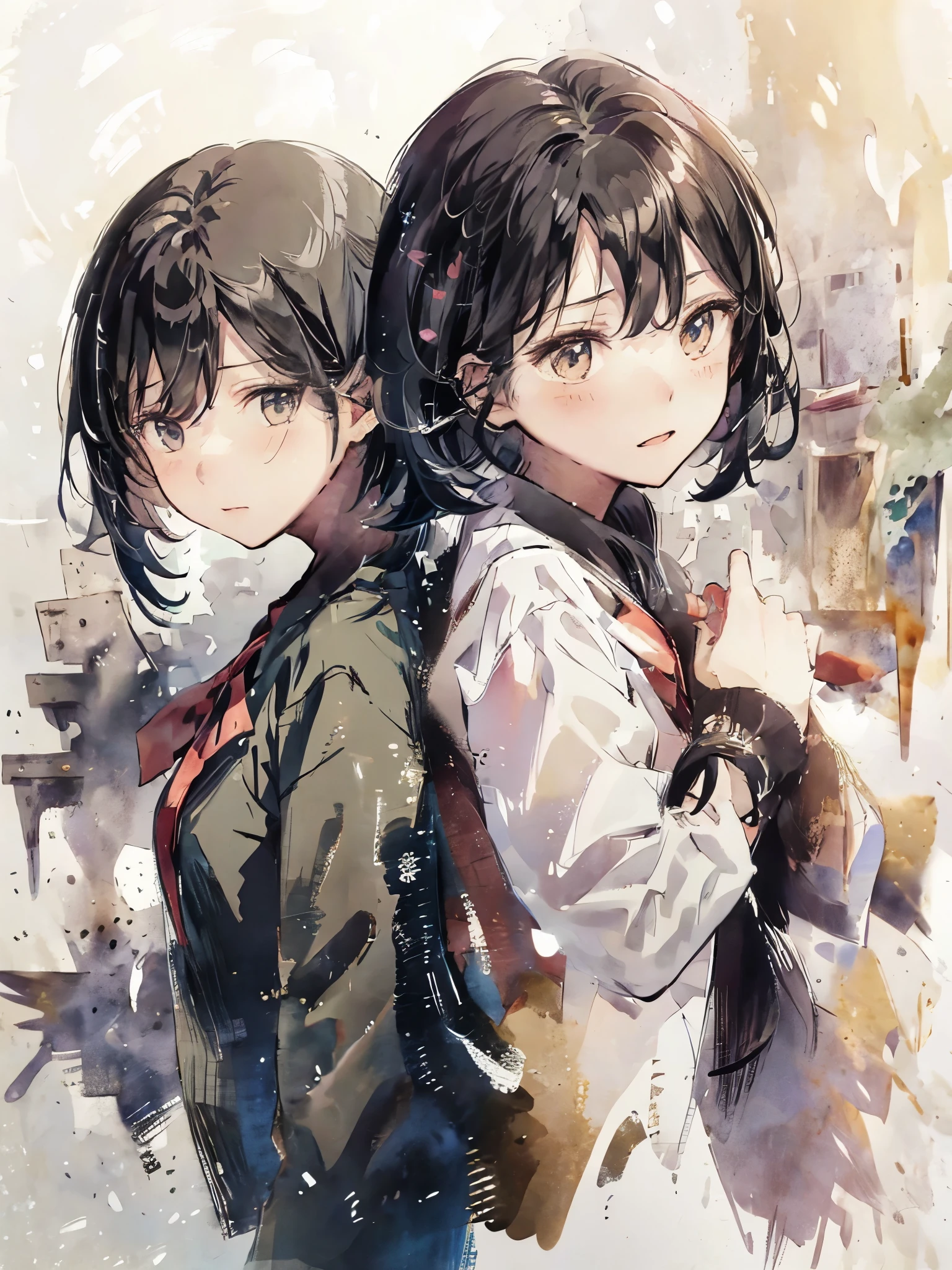 The picture shows two Japanese high school girls wearing school uniforms facing each other.,The two are about the same height,A girl has very long hair,One has very short hair,The girl on the left has a black bob haircut,Looking at each other with a sad expression,The girl on the right has long black hair with bangs,Look at each other with an angry expression。