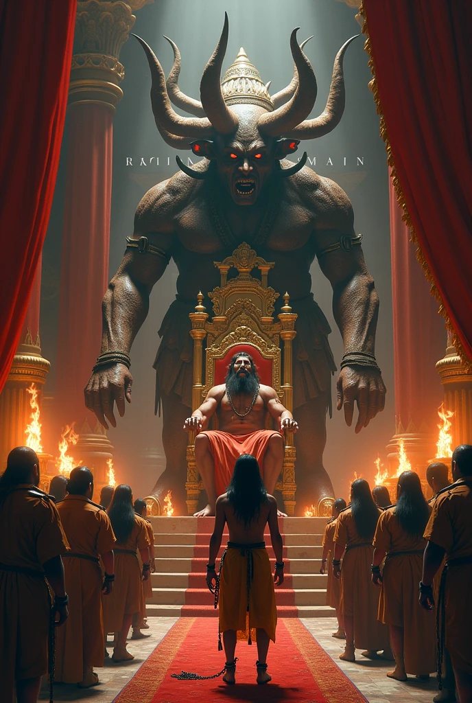 Prompt: "A tense scene in the grand court of Ravana, the ten-headed demon king, sitting on his golden throne surrounded by his advisors and guards. Hanuman, with a calm but defiant expression, is standing in chains before Ravana. The court is lavishly decorated with red and gold drapes, pillars, and torches lighting the dark room. Ravana's multiple heads show different expressions of anger and curiosity."