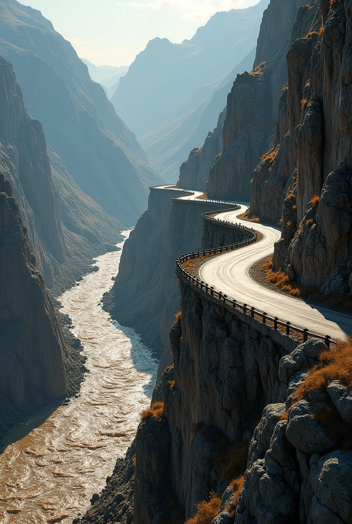Create a road that was made on the sides of a huxe rockey mountain clif. And also beneath the cliff a huge brown river is flowing