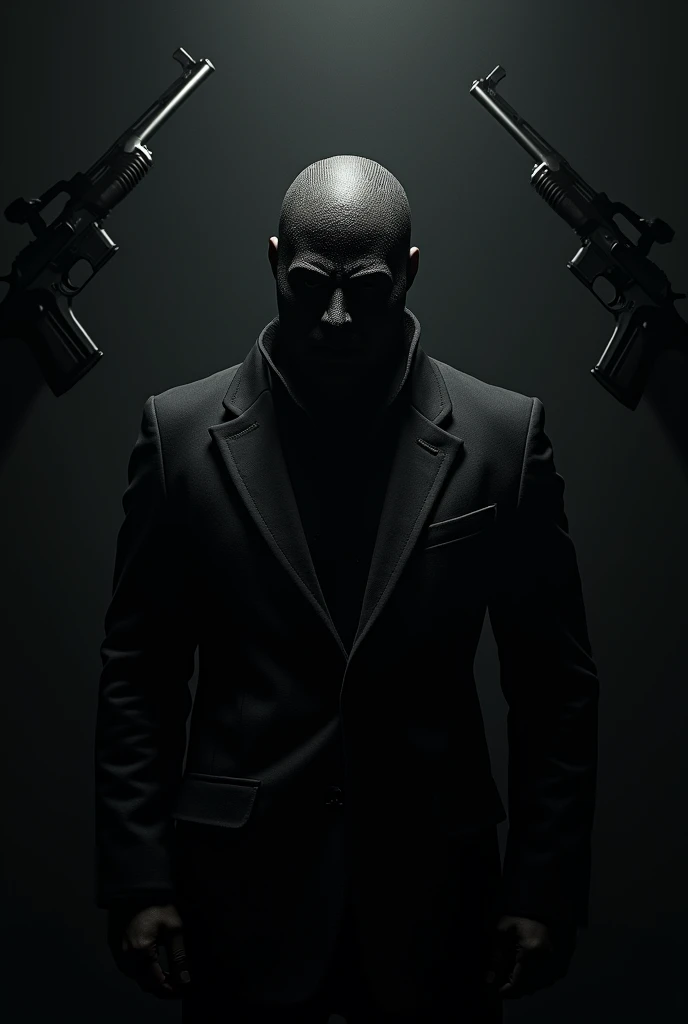 A man image with half body with  mask and dangerous black background  and shine. And background with guns and full HD. 