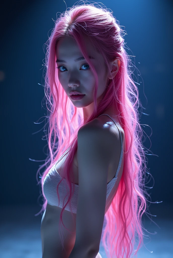 • Appearance:
• Korean features
• Long wavy pink hair (wet hair)
• Blue eyes
• Skinny body, thin legs, thin buttocks, small chest
• Gaunt body, slender arms and legs
• Clothing:
• Idol outfit (see-through)
• Activity:
• Striking a vigorous ending pose on stage
• Background:
• Stage