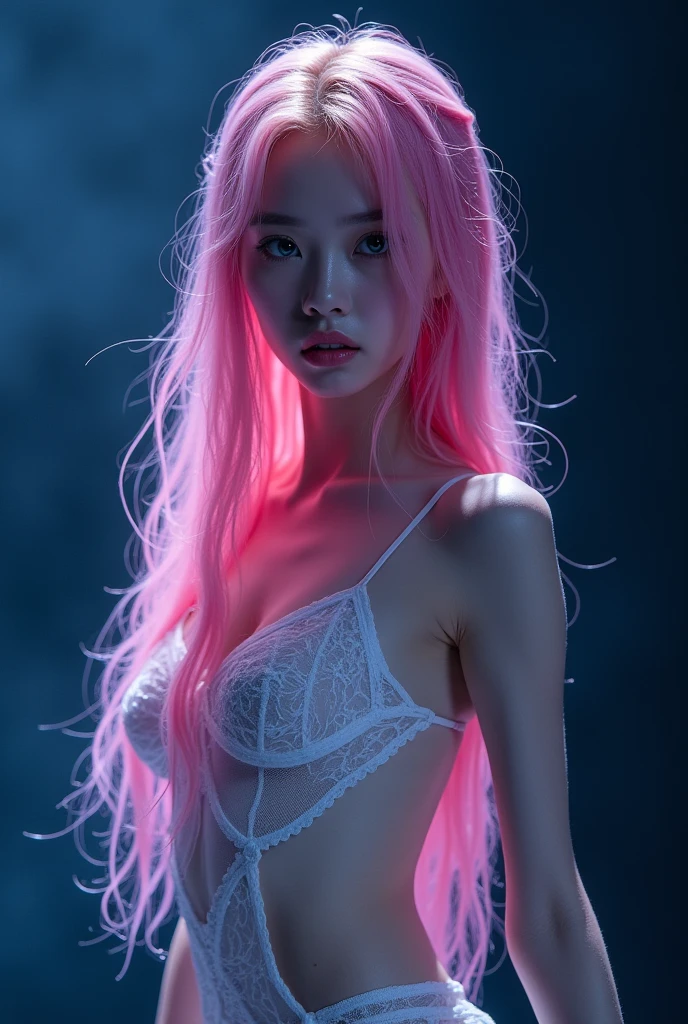 • Appearance:
• Korean features
• Long wavy pink hair (wet hair)
• Blue eyes
• Skinny body, thin legs, thin buttocks, small chest
• Gaunt body, slender arms and legs
• Clothing:
• Idol outfit (see-through)
• Activity:
• Striking a vigorous ending pose on stage
• Background:
• Stage