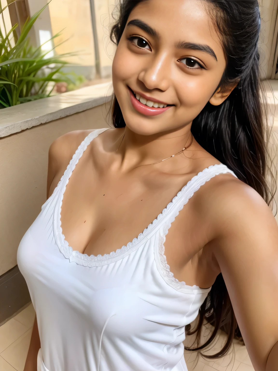 Sri lanka teen  girl, wearing white clothes , (slim, small, flat, small), photorealistic, detail, skin texture, super detail, delicate and sexy collarbone, smile