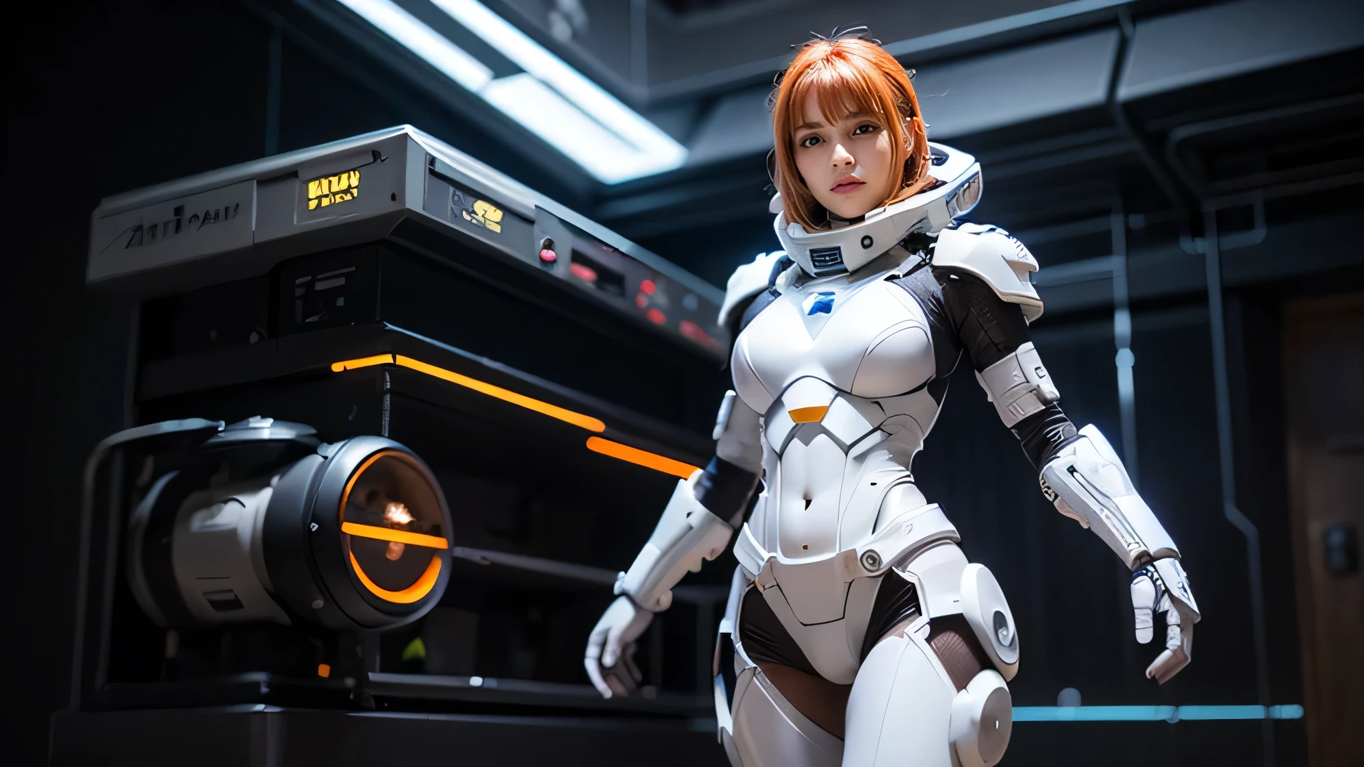(realistic), (3d:0.3), dramatic lighting, ((masterpiece)),(quality),(high resolution), tall Lady Voidstar, [[covered abs]], ((x-ray power armor|lined suit|white power armor) mechanical arms), very long orange-red hair, [evil smile], small breasts, covered navel, eyeliner, eyelashes, perfect face, beautiful nose, detailed pupil, beautiful eyes, detailed eyes, brown eyes, perfect full lips, , intricate and detailed background of a space base, (zet:1) ,