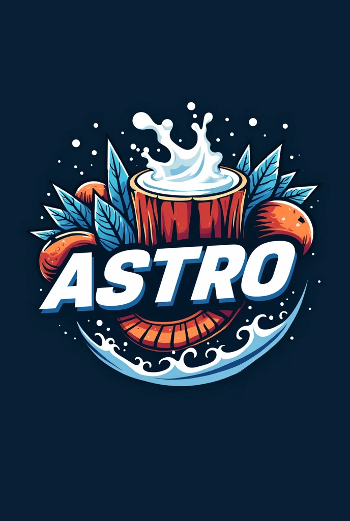 "Design a modern and dynamic store logo for a store named 'Astro'. The logo should feature a space theme, with a bold and energetic design. Include elements like a fruits avegetables and fresh milk, or stumps subtly integrated into the design. The color scheme should be a mix of light blue, silver, white, and red to convey power and agility. The store name 'Astro' should be prominently displayed in a stylish, sporty font. The overall look should be sharp, professional, and suitable for a jersey and merchandise."