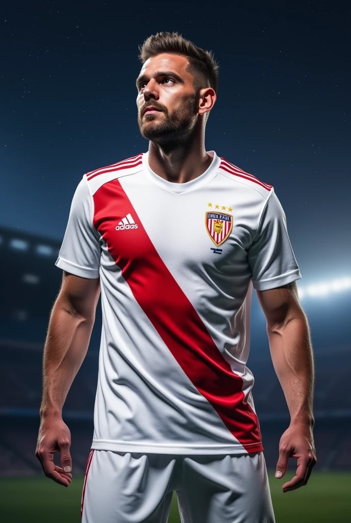 a River Plate soccer player, Argentina with a white shirt and a 15-centimeter red stripe that starts on the left shoulder and crosses to the waist on the right side in the space universe