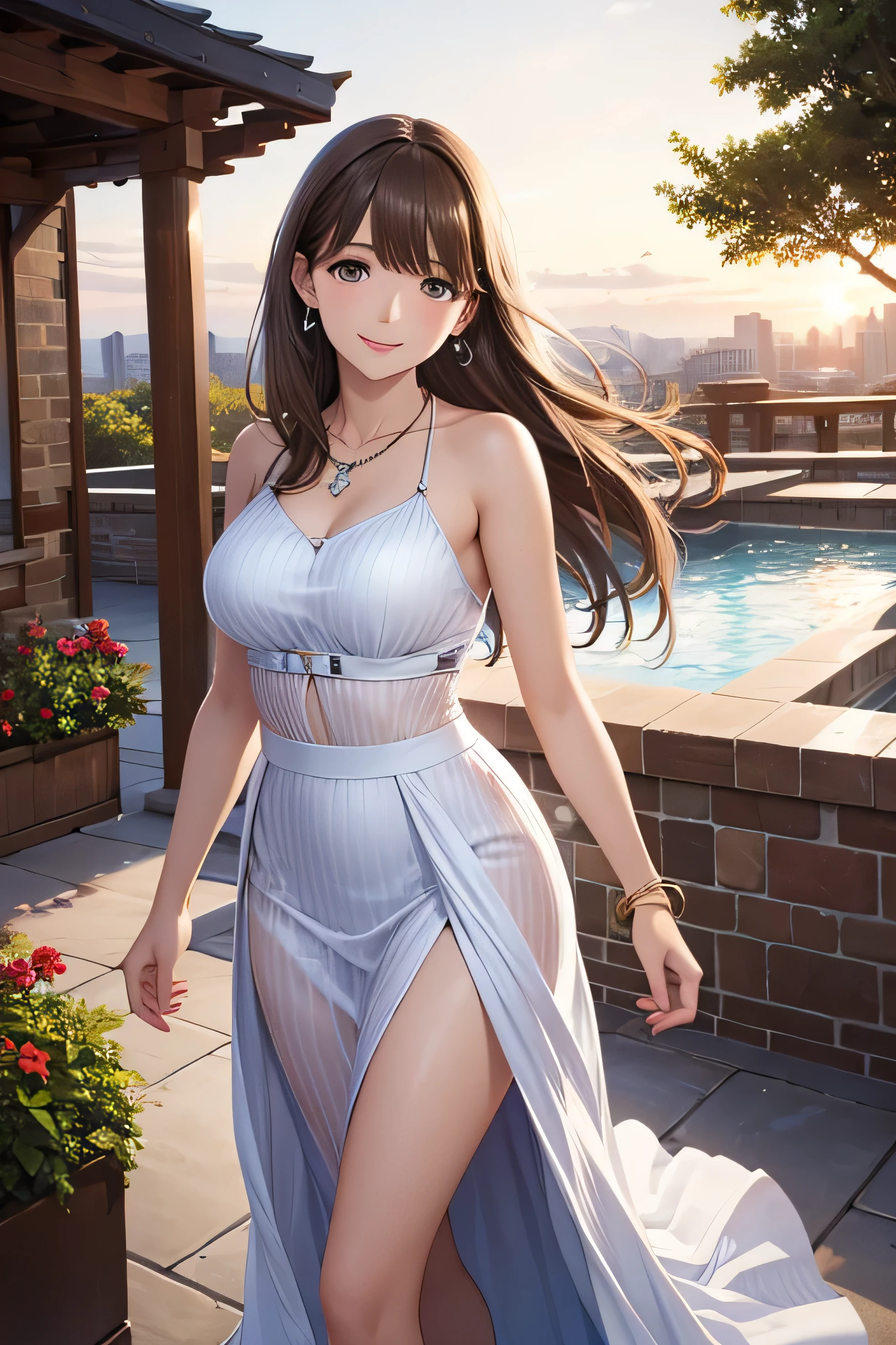 a beautiful woman standing on top of an outdoor patio, in a two piece dress, 1girl, realistic, brown hair, solo, jewelry, necklace, smile, long hair