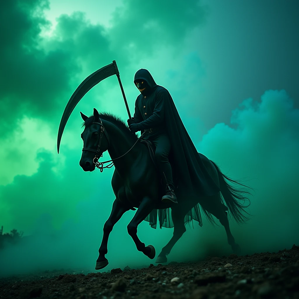 A realistic, ultra-detailed photograph of a plague doctor, an intimidating mask. Determinedly seizing a weapon similar to a scythe, he charges onto a devastated land with his black horse, clouds of green poison, blue smoke. The name “ToxicMasteR” is prominently displayed in gothic illumited by the glow of this cloud