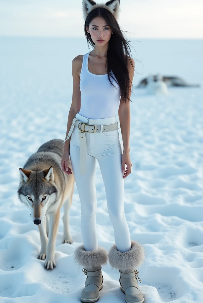 Arctic white tank top and yoga pants with gray wolf in the North Pole, white skin, white fur boots on, fur hair band, black long hair, blue eyes, glamorous body, model photo shoot, real photos