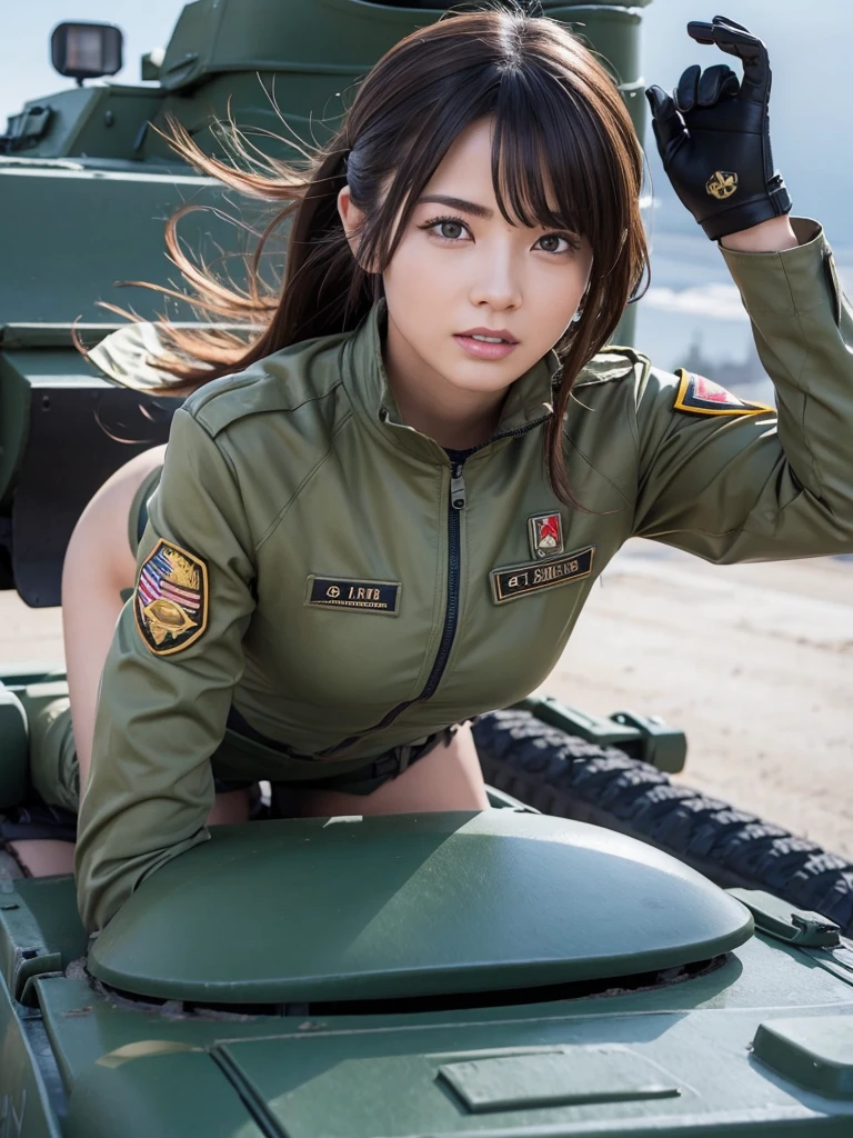 Female soldier riding a tank