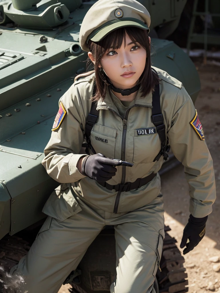 Female soldier riding a tank