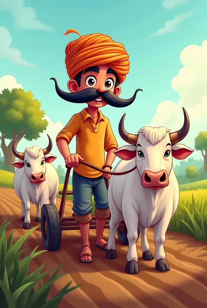Create a cartoon vector art with a good looking  innocent face strong farmer wearing pagdi  and having a long desi mustache with two white bulls tied up with plough while tilting the land.