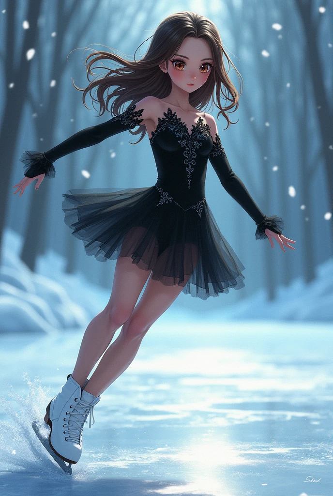 A girl with long brown hair and eyes of the same color skating on ice doing cross-overs and wearing black sportswear and white ice skates. The drawing style has to be anime but at the same time gothic. 