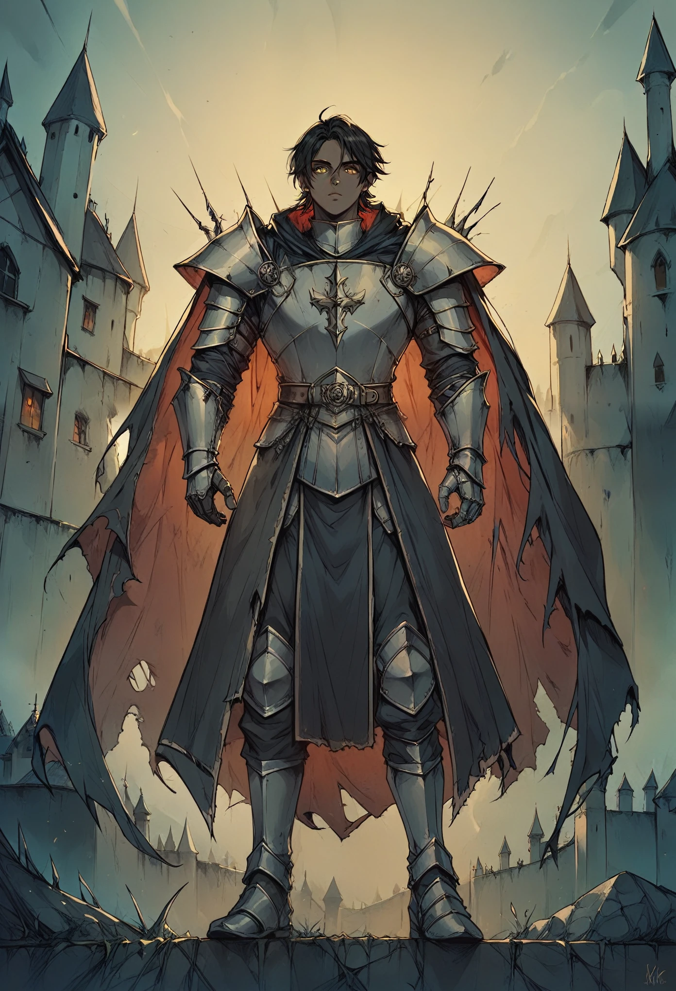dark man, cabelos longos e negros, yellow eyes, medieval knight, Black full body armor with black fur on the shoulders and torn cape, ダークファンタジー, dark Castle