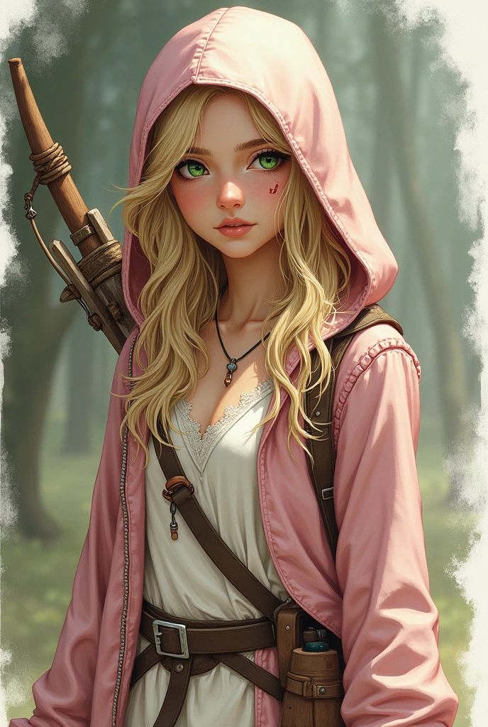 create me a fantasy d&d elder ranger with a light pink hooded cote, withe clothing, a wood bow and a dagger. Make her blond and have a scar on her face and green eyes. Make the white a bit dirty. Make it more of a drawing and make it a portrait make her look younger
