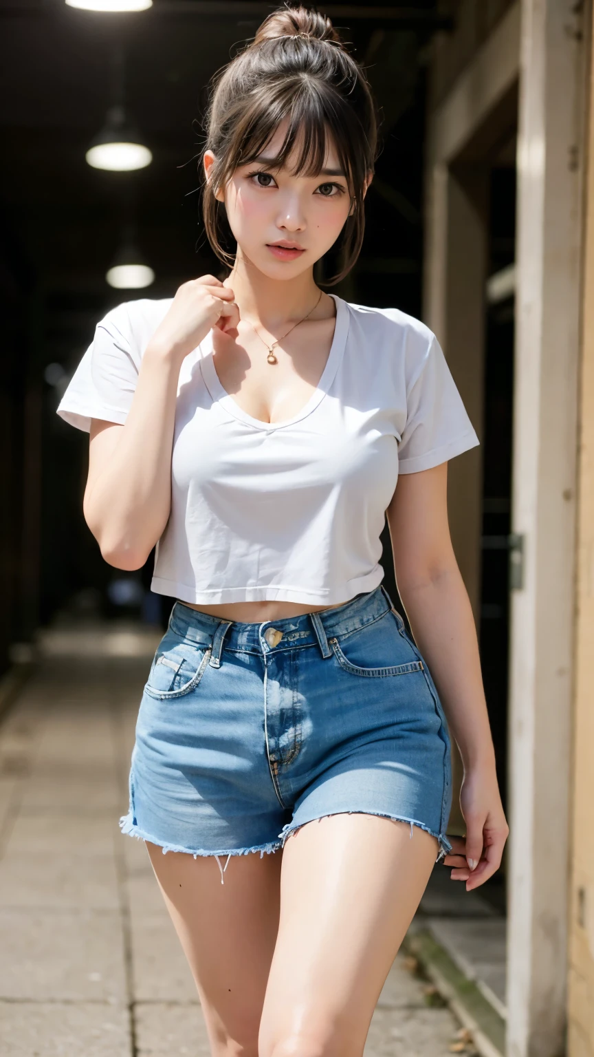One girl, 1 busty woman, Glasses, Short Ponytail, bangs, Light pink blush, Are standing, Underground tunnels, White cropped t-shirt, Cleavage, big , Narrow waist, Denim mini skirt, thick_Thighs Thighs, feet, Perfect Fingers, feet spread