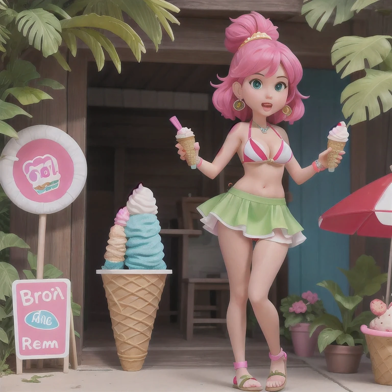 girl in a bikini eating an ice cream cone, eating ice cream, in a bikini, angela white, giorgia meloni, katy perry, in bikini, eating ice - cream, wearing spandex bikini, ice cream on the side, bikini, ice cream, wearing a bikini, candid photo of dirty, shiny plastic bikini, candid shot, cone, 1 girl, solo,in a green dress standing by a wall,portrait of female idol