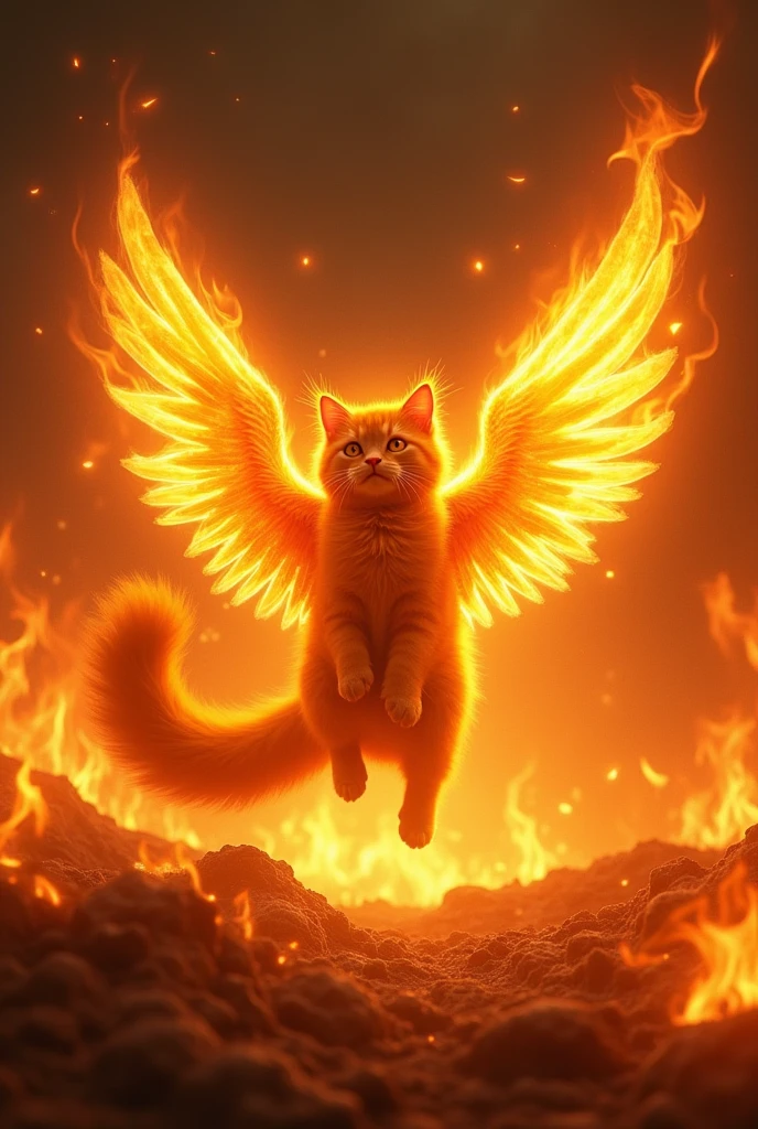 A cute orange cat with wide wings and a long tail like a phoenix, soaring from the surface while flapping its majestic wings. The cat embodies a god-like figure, with a body made of beautiful, glowing fire. The entire surrounding area is engulfed in fierce flames, raining fire down and burning everything in its path. As the master of reincarnation and eternity, it leaves behind a pitch-black void where everything has been consumed by fire. Amidst this fiery destruction, a dazzling light remains, signifying the beginning of new life. Capture this scene in cinematic photography with ultra high definition, 16k resolution, highlighting the intense contrast between the burning world and the radiant new dawn.