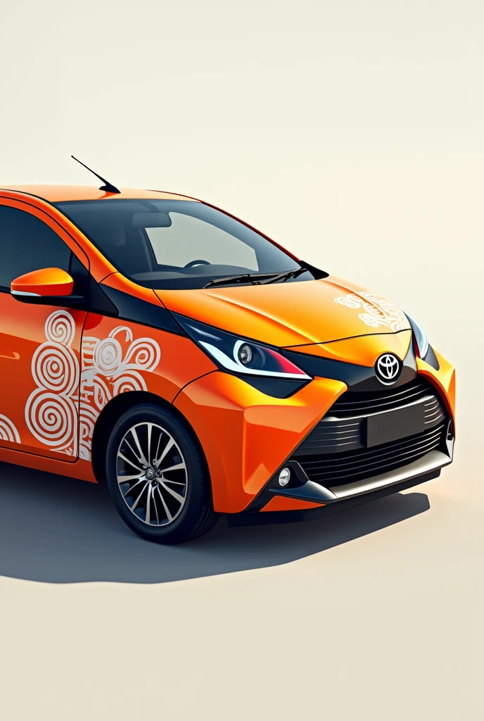 Toyota wigo hatchback car colored orange with white decals