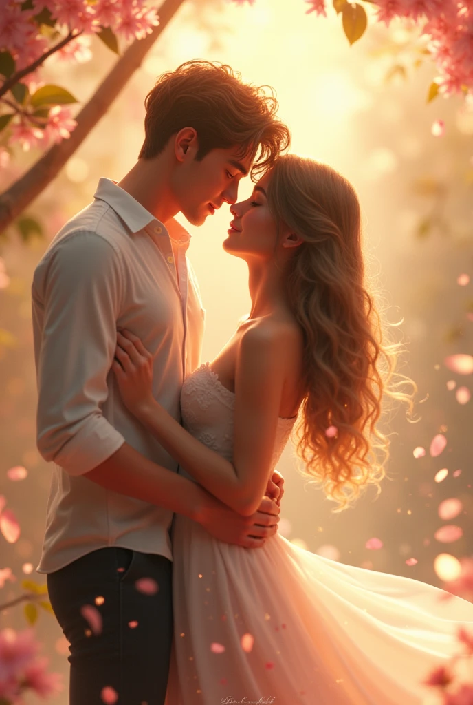 Fluttering petals、In the sparkling sun、I&#39;m holding you tight、With you in my heart、Fluttering petalsの、Under the sparkling sun、The two of us have always been、It&#39;s okay because we&#39;re always connected、3D Rendering, Artistic, Super detailed, Soft Light, High resolution, Sparkle Effect, accurate, tall young man、Pure woman