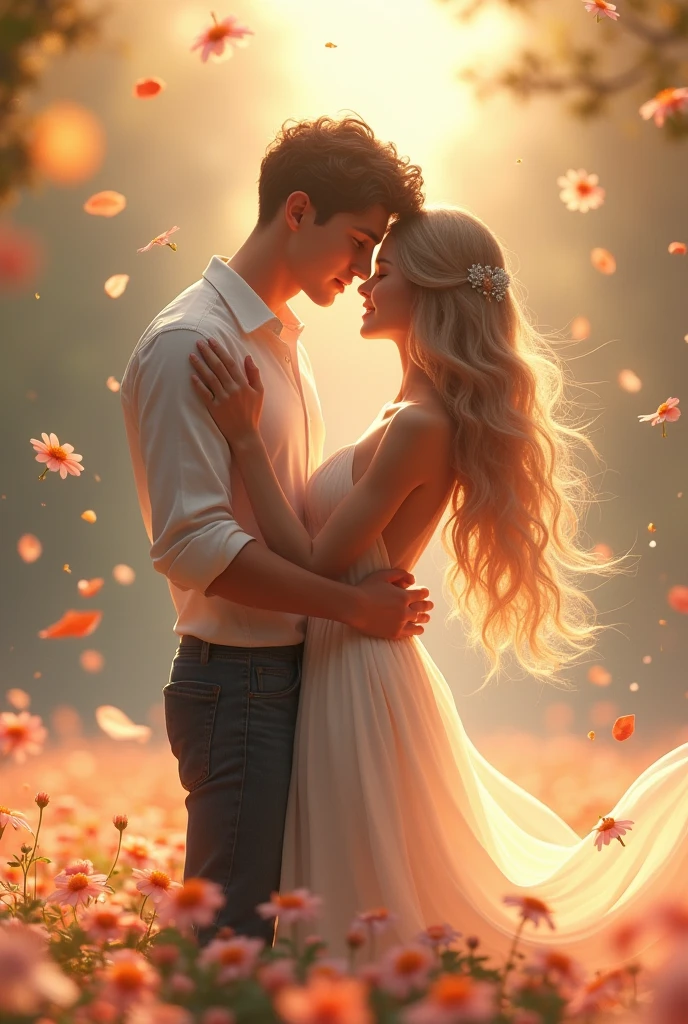 Fluttering petals、In the sparkling sun、I'm holding you tight、With you in my heart、Fluttering petalsの、Under the sparkling sun、The two of us have always been、It's okay because we're always connected、3D Rendering, Artistic, Super detailed, Soft Light, High resolution, Sparkle Effect, accurate, tall young man、Pure woman