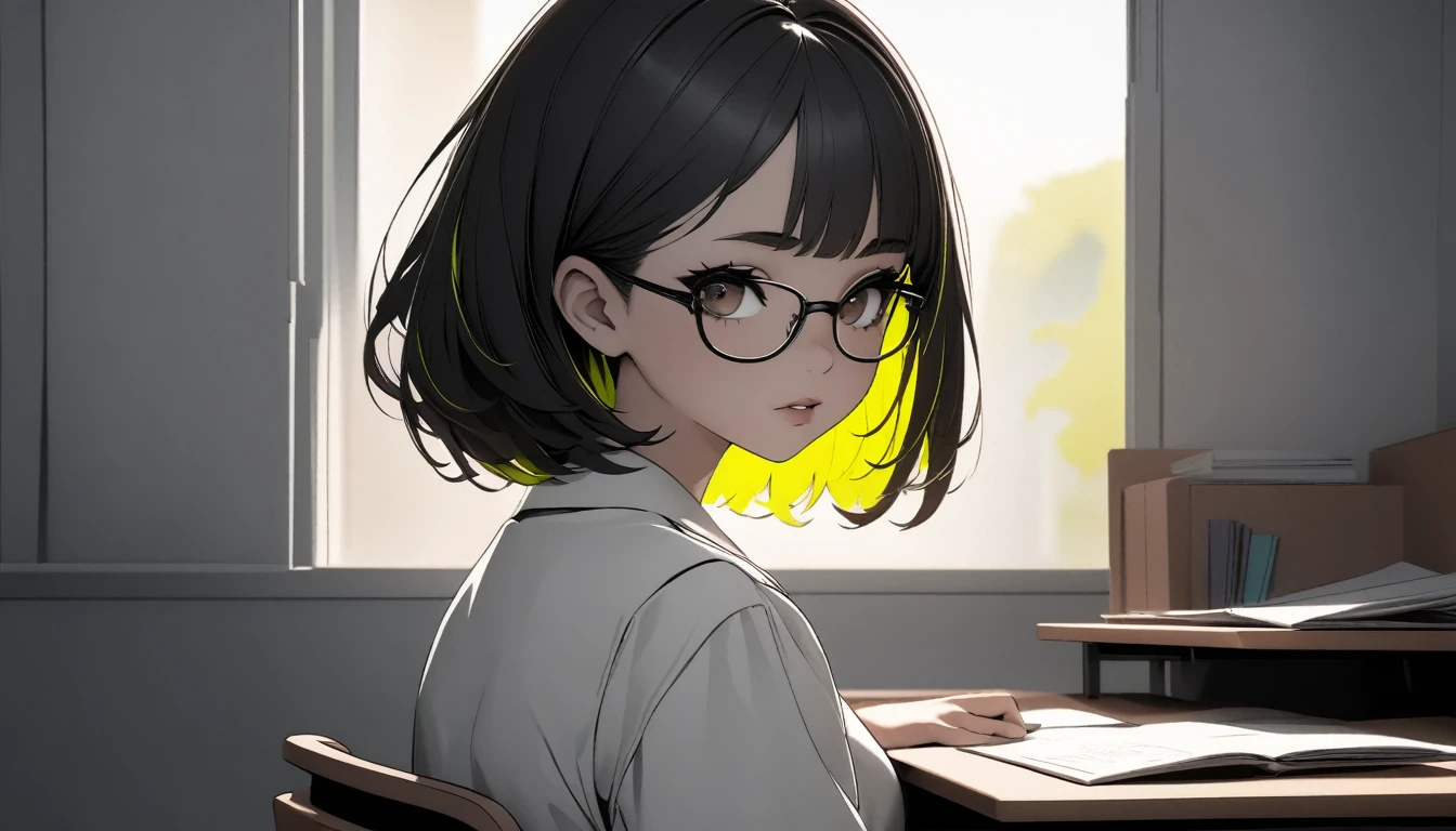 ((highest quality:1.2, Very detailed, up to date, Vibrant, Ultra-high resolution, High Contrast, masterpiece:1.2, highest quality, Best aesthetics), (wide shot:1.5), Portraiture、girl、solo, (15-years-old:1), slim, brown eye, Bright colors、Beautiful fine details、Beautiful lip detail、extra short hair, black hair, (highlights hair: 1.6), (medium breast:0.7), (tan skin:0.5), glasses, school uniform, studyind, sitting at the study desk, bright her room, look at viewer:1, side view, lineart:1, monochrome, clean line drawings,