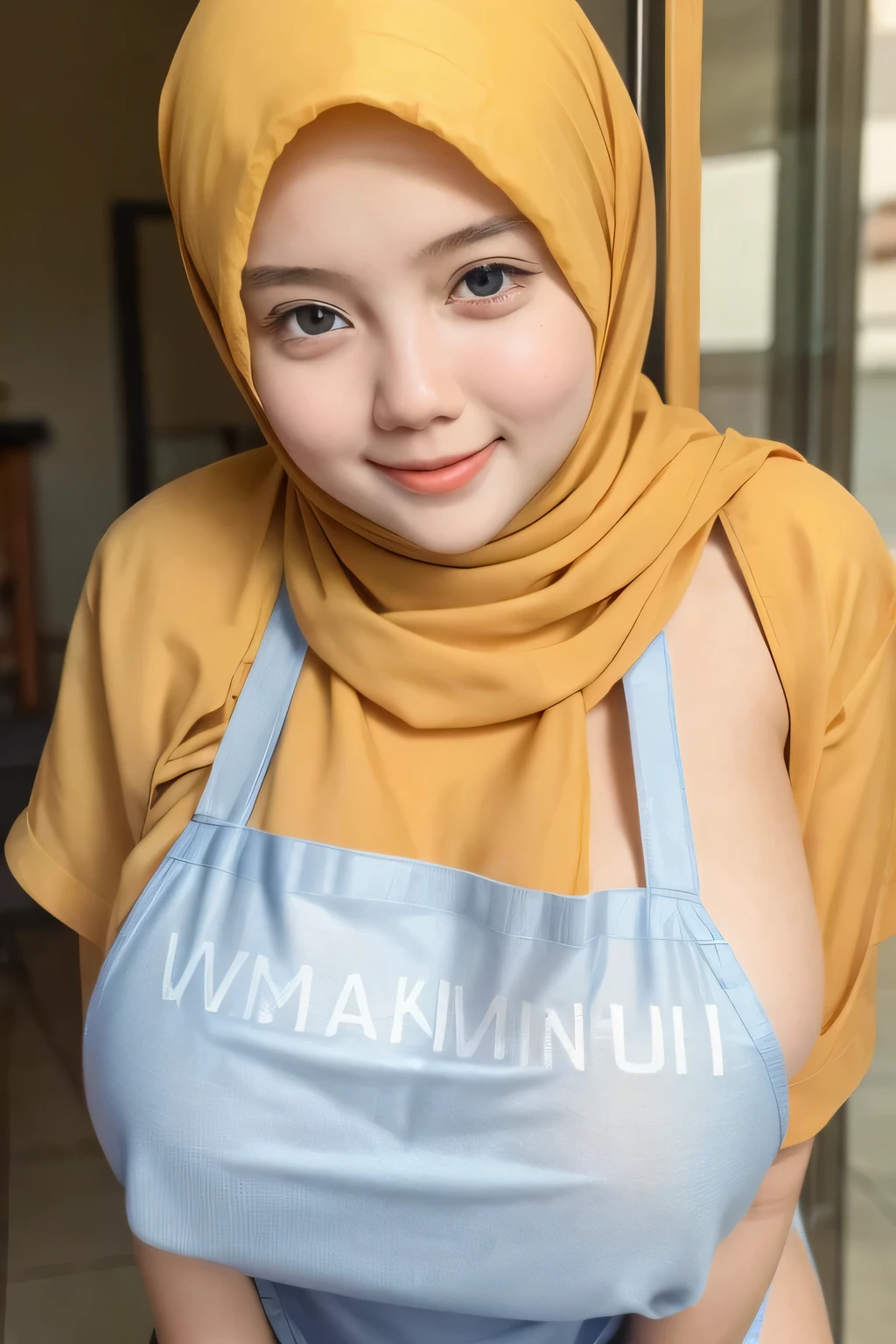 adorable, 1 girl, (face to face), , , happy, medium portrait, (face details: 1), (eye details:1), ((naked big breasts)). ((wearing mini apron)), .. Cute posed. proportional body. Ultra High Res. realistic: 1.4, UHD, ((hijab stylish)), lace ((Gigantic:1.336)), Cropped shirt, ((naked:1.23))