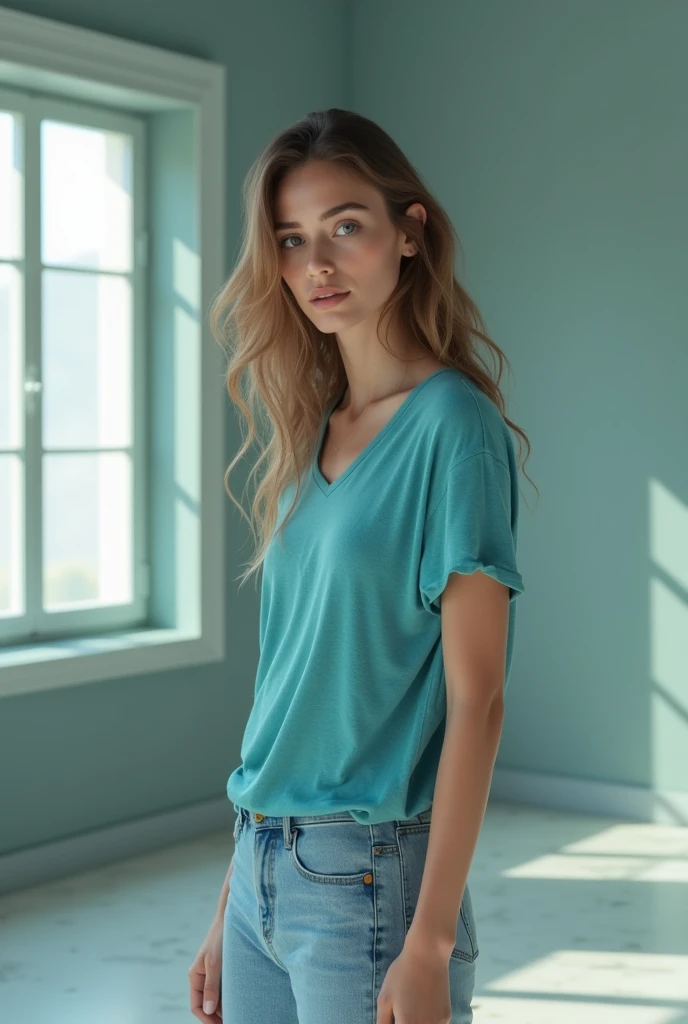Beautiful woman standing in room wearing Tshirt on patten blue colour 